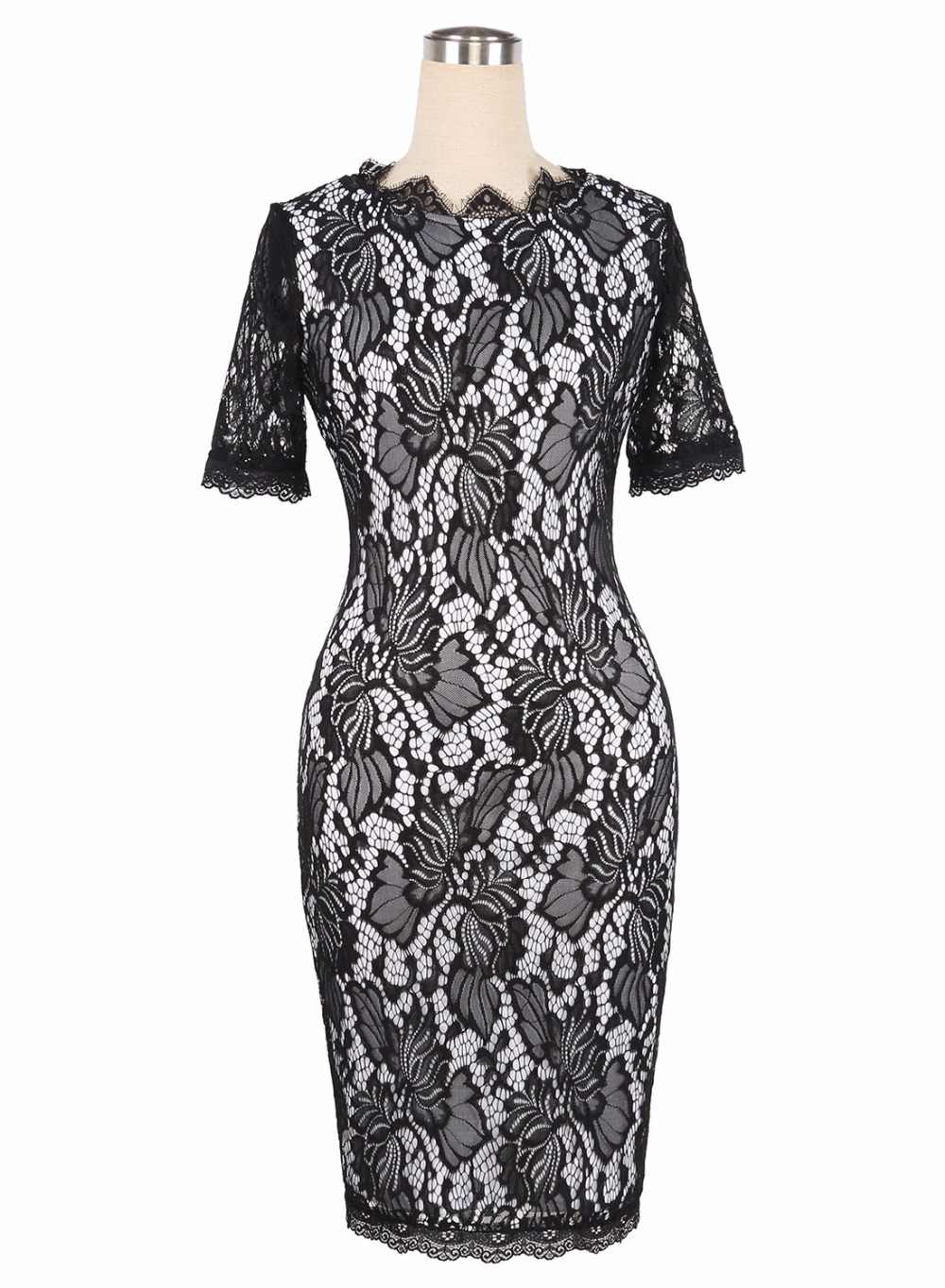 Elegantní pouzdrové ŠATY MIDI 8233174-2 krajka černá / bílá XS