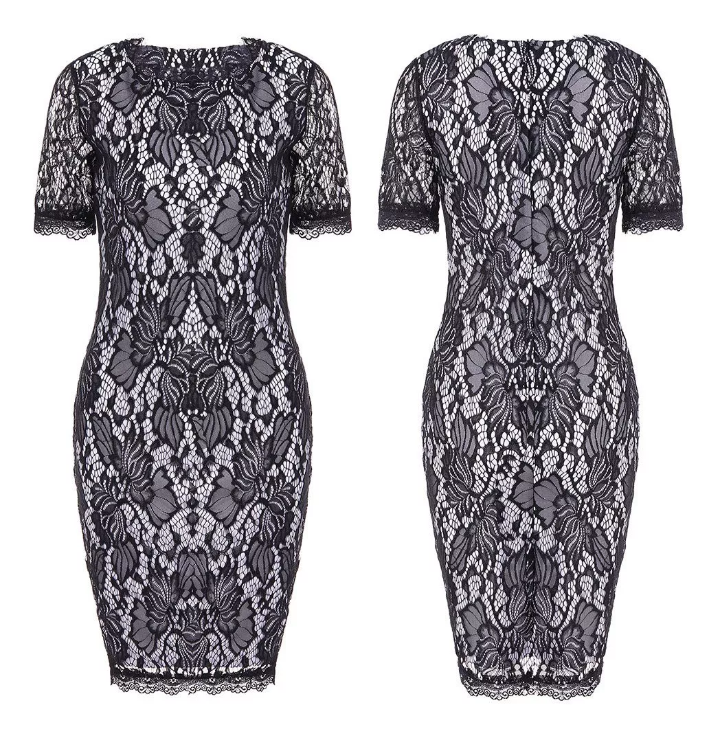 Elegantní pouzdrové ŠATY MIDI 8233174-2 krajka černá / bílá XS