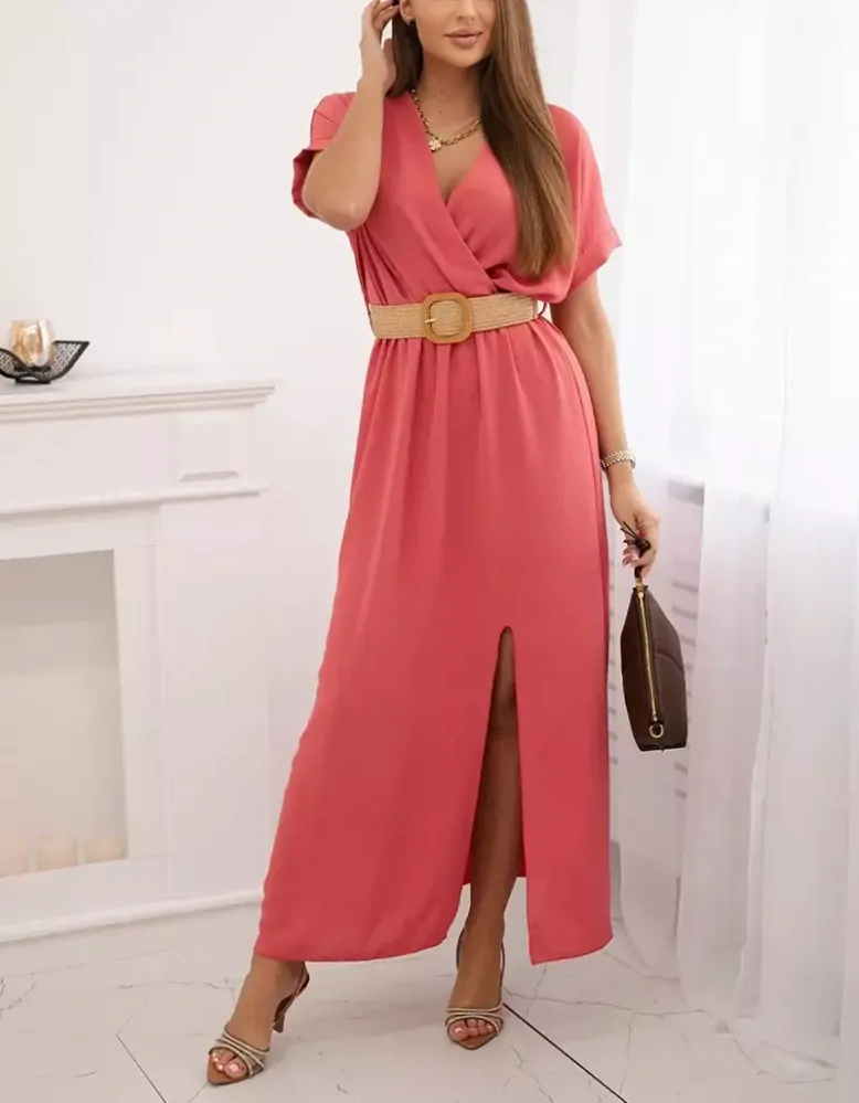 Dámské šaty dlouhé s ozdobným páskem zdarma 6012F-5 korálová - univerzální - S/M/L