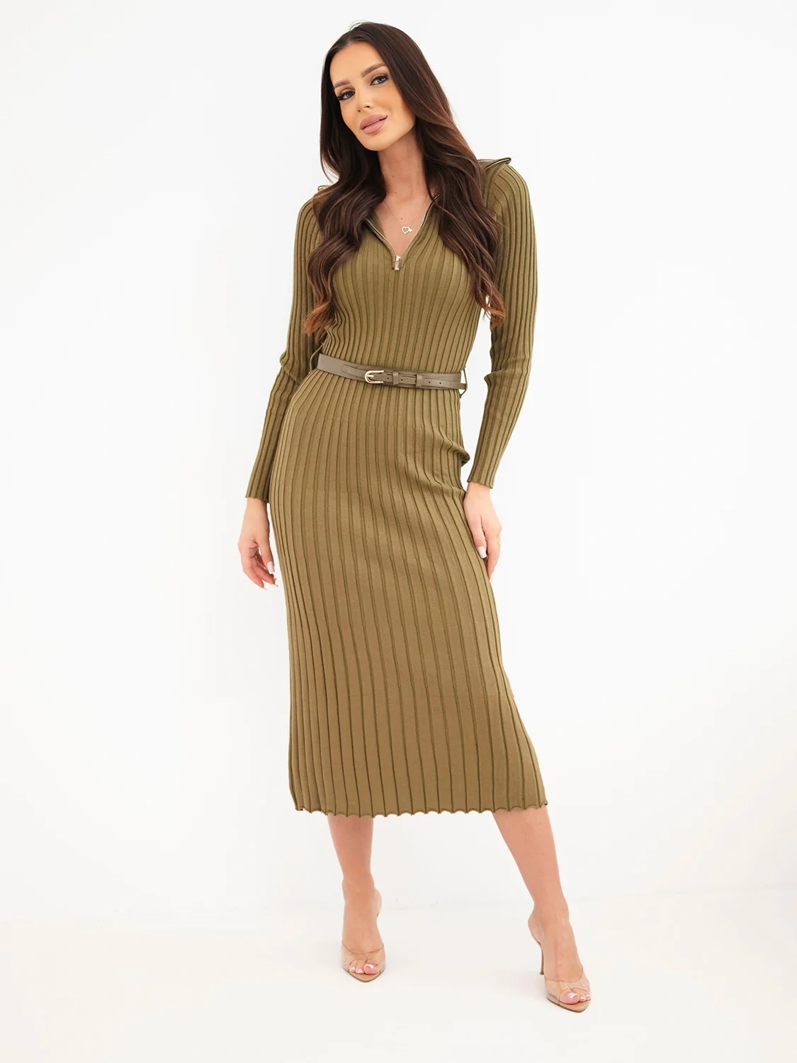 Dámské elegantní šaty pouzdrové se stojáčkem 4590-5 olivová univerzální S/M/L