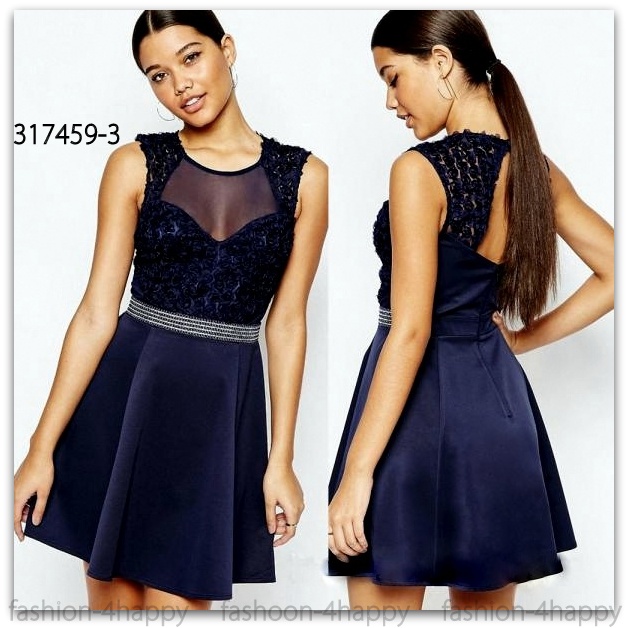 Luxusní společenské ŠATY MINI s krajkou 317459-3 NAVY modrá S/M