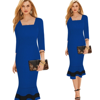 Dámské ŠATY MIDI s volánem 319208-4 modrá M/L