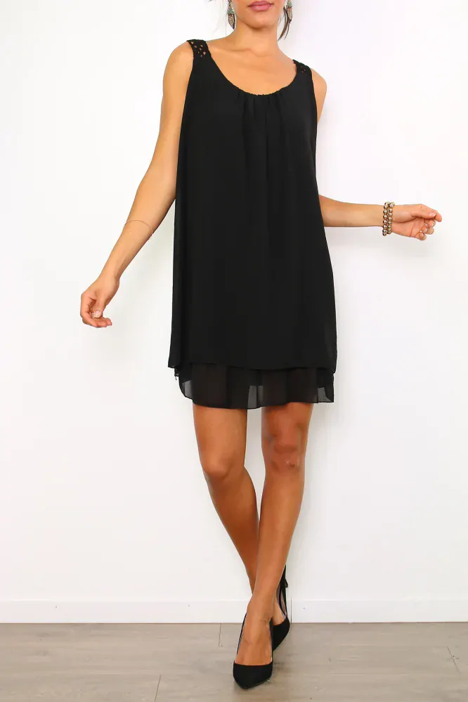 Vzdušné MINI ŠATY s krajkovou háčkovanou vsadkou 331783-2 černá UNI S/M/L
