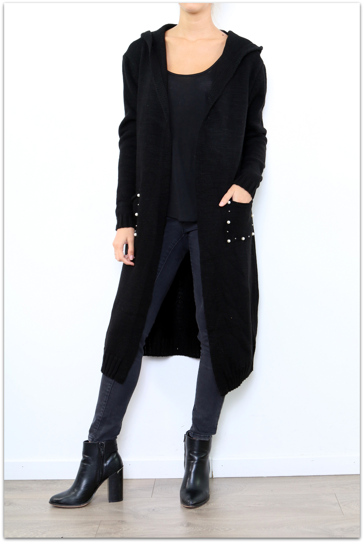 Dámský dlouhý SVETR / CARDIGAN s kapucí pletený 33006562-2 černá UNI - M/L/XL