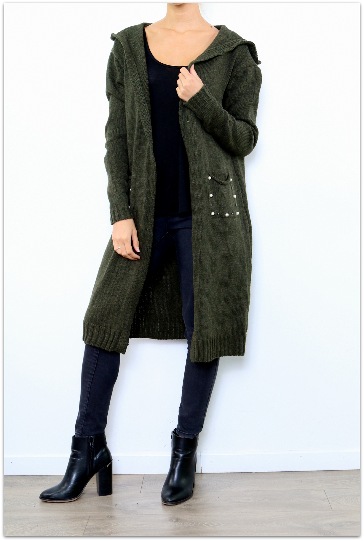 Dámský dlouhý SVETR / CARDIGAN s kapucí pletený 33006562-1 - khaki UNI - M/L/XL