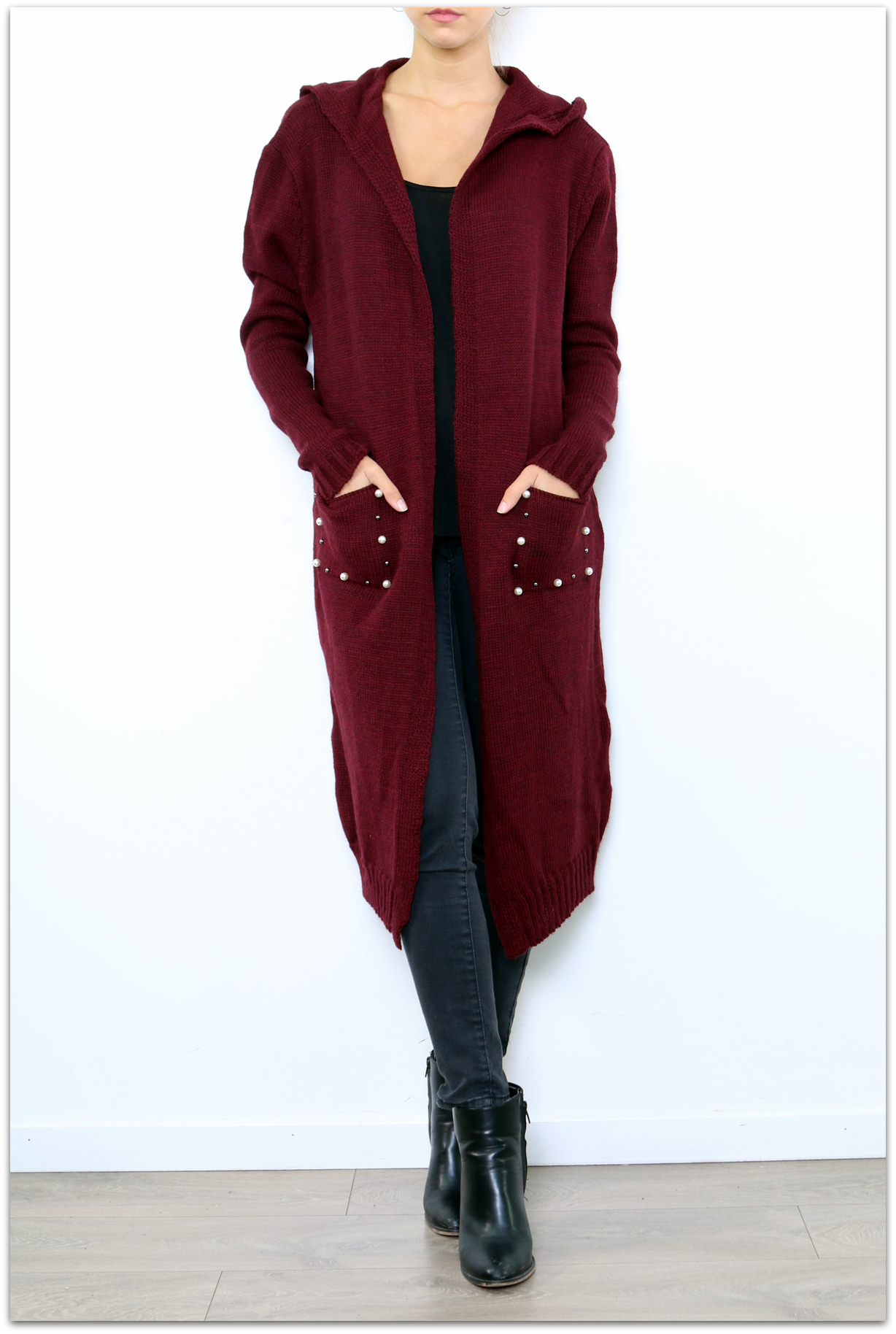 Dámský dlouhý SVETR / CARDIGAN s kapucí pletený 33006562-6 vínová UNI - M/L/XL