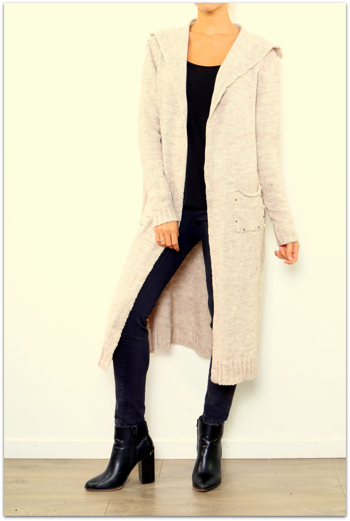 Dámský dlouhý SVETR / CARDIGAN s kapucí pletený 33006562-3 béžová UNI - M/L/XL
