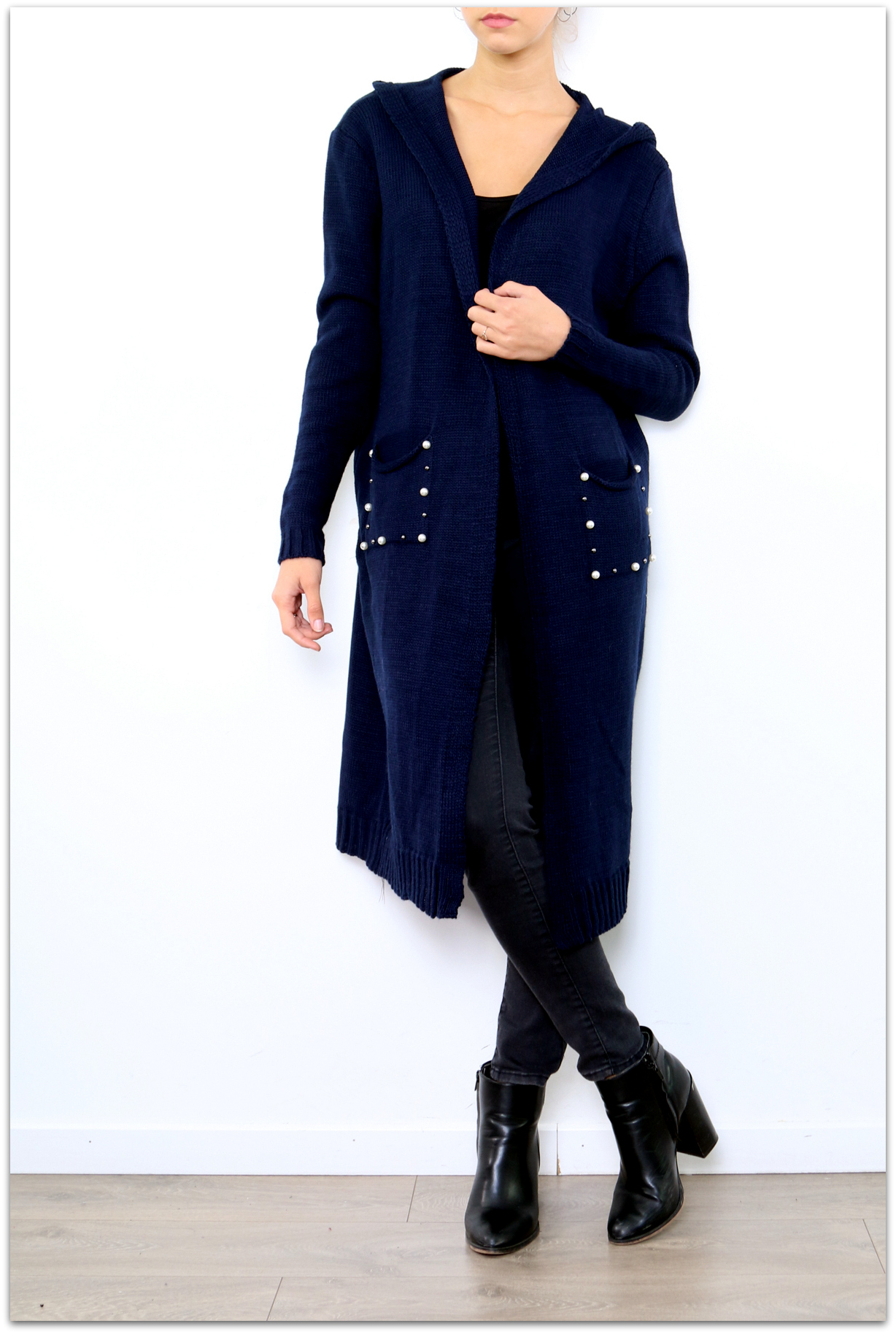 Dámský dlouhý SVETR / CARDIGAN s kapucí pletený 33006562-4 modrá UNI - M/L/XL