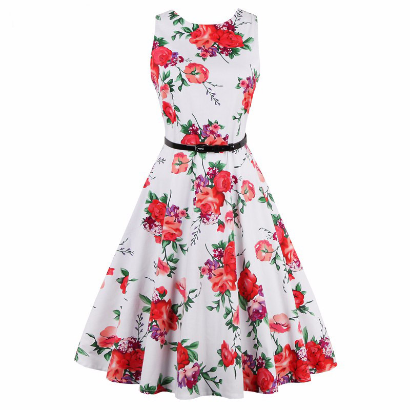 Dámské RETRO ŠATY MINI kolová sukně 80201278-1 bílá s květy L/XL
