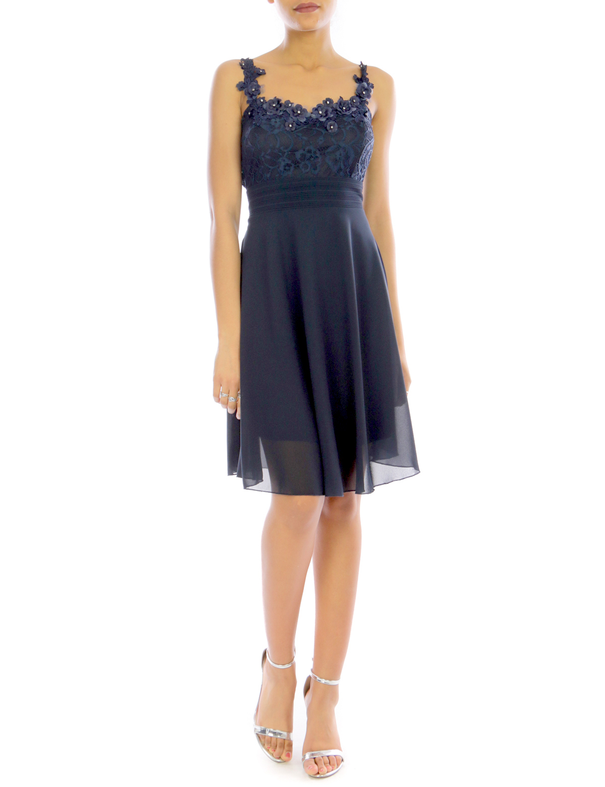 Společenské ŠATY MINI s krajkou na ramínka 330877-7 modrá S/M