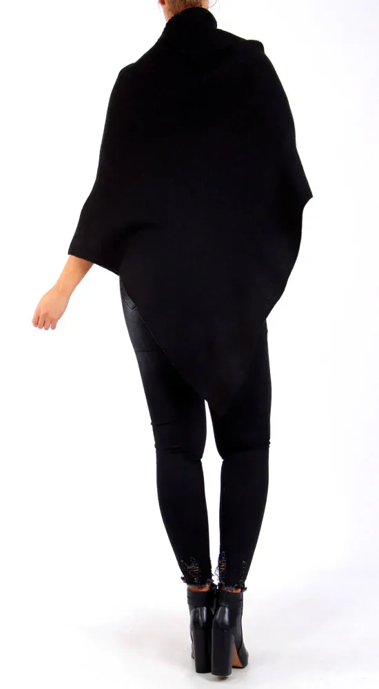 Pletené elegantní dámské PONČO s vysokým límcem a knoflíky 3312795-2 černá PLUS SIZE