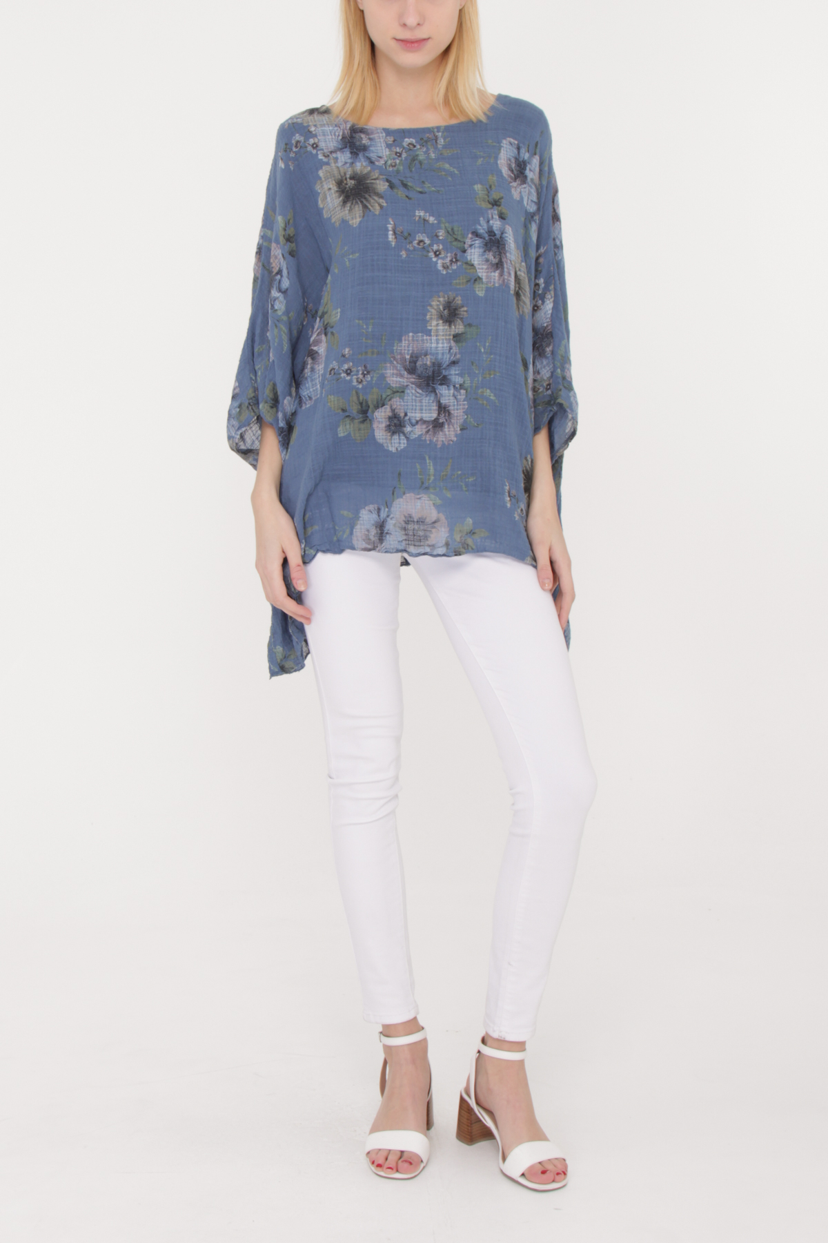 Dámská luxusní TUNIKA dlouhá Flowers 3300528-3 modrá 2XL/3XL
