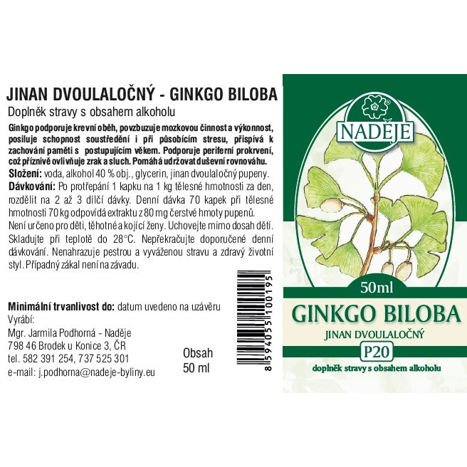 Naděje Tinktura z pupenů - Jinan dvoulaločný (Ginkgo Biloba) 50 ml - Povzbuzení mozkové činnosti a výkonnosti, zachování paměti s postupujícím věkem, podpora periferního prokrvení, příznivý vliv na zrak a sluch, udržování duševní rovnováhy
