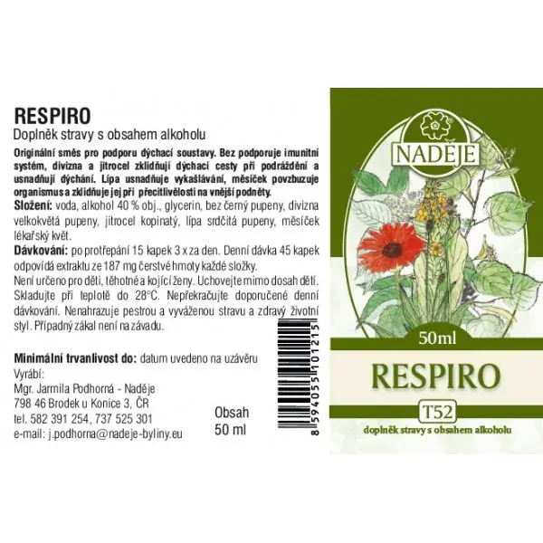 Naděje tinktura RESPIRO směs: BEZ ČERNÝ - DIVIZNA - JITROCEL - LÍPA - MĚSÍČEK 50 ml 2901212 - pro podporu dýchacích cest a jejich zklidnění, imunitního systému, usnadnění vykašlávání, povzbuzení