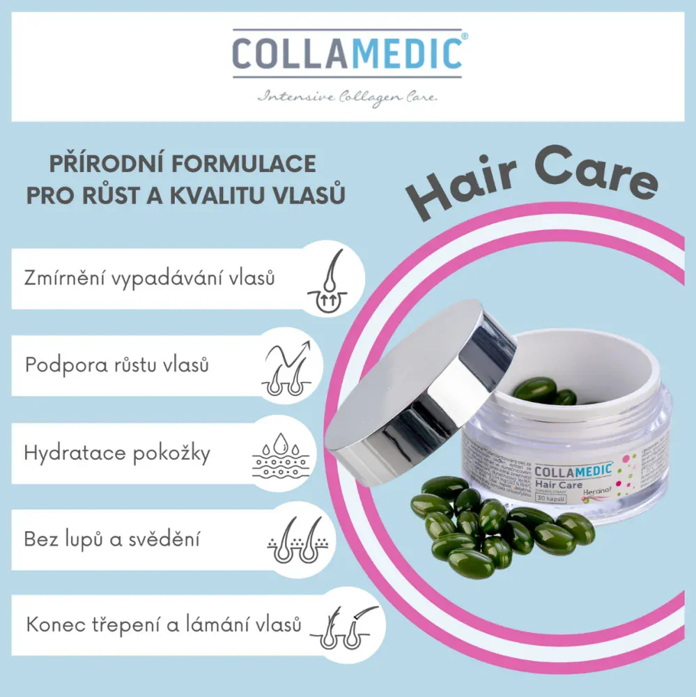COLLAMEDIC kapsle Hair Care 30 kapslí - intenzivní podpora obnovy, růstu a posílení vlasů. Kapsle dodávají sílu vlasovému kořínku, a tím brání vypadávání vlasů a pečují o zdraví pokožky hlavy