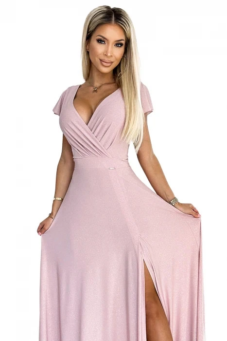 Numoco 411-6 CRYSTAL třpytivé dlouhé šaty s výstřihem - špinavě růžové S