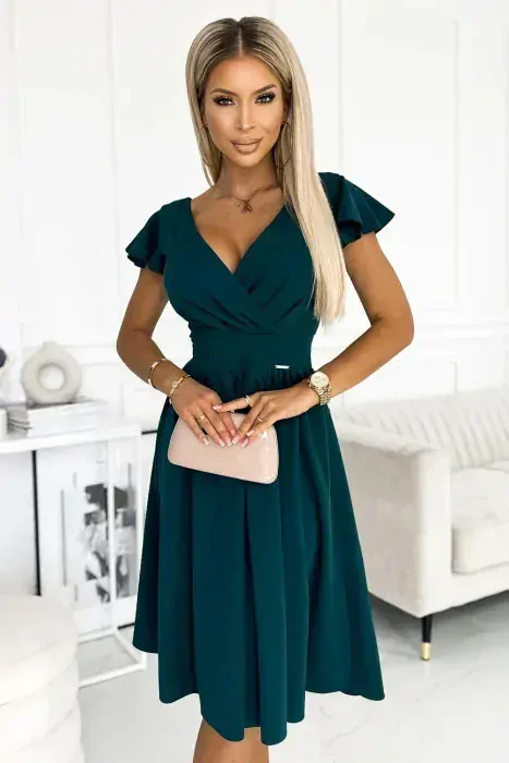 Numoco 425-1 MATILDE Šaty s výstřihem a krátkým rukávem - zelené XS / S / M / L / XL (SKLADEM: XL)