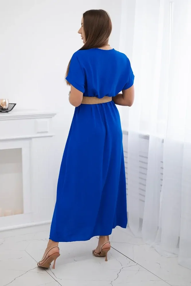 Dámské šaty dlouhé s ozdobným páskem zdarma 6012F-7 modrá - univerzální - S/M/L
