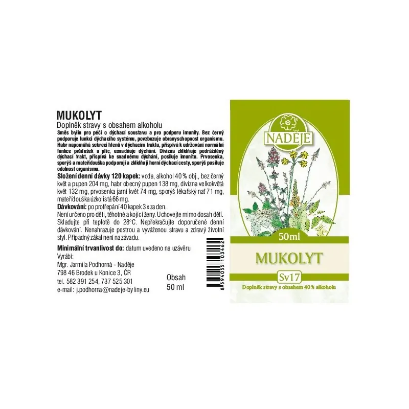 Naděje Mukolyt tinktura z bylin 50 ml (dýchací soustava, podpora imunity)