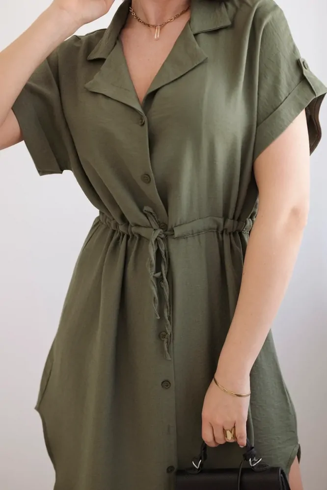 Dámské propínací ŠATY košilové se stažením v pase 6466-5 khaki - univerzální - S/M/L