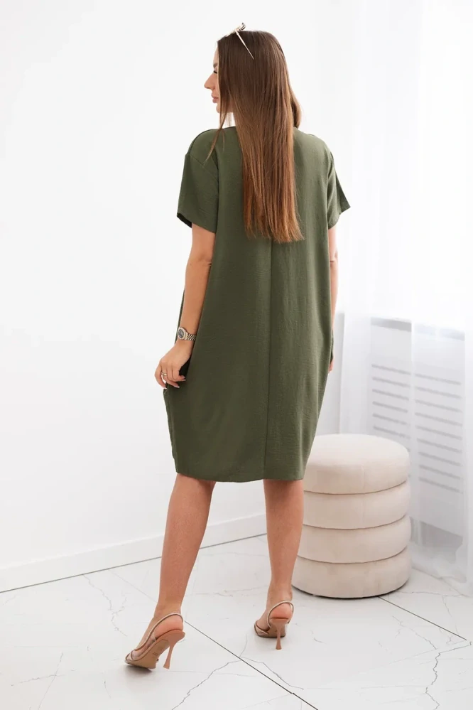 Letní dámské šaty s krátkým rukávem a kapsami + náhrdelník ZDARMA 3334-4 khaki univerzální - M/L