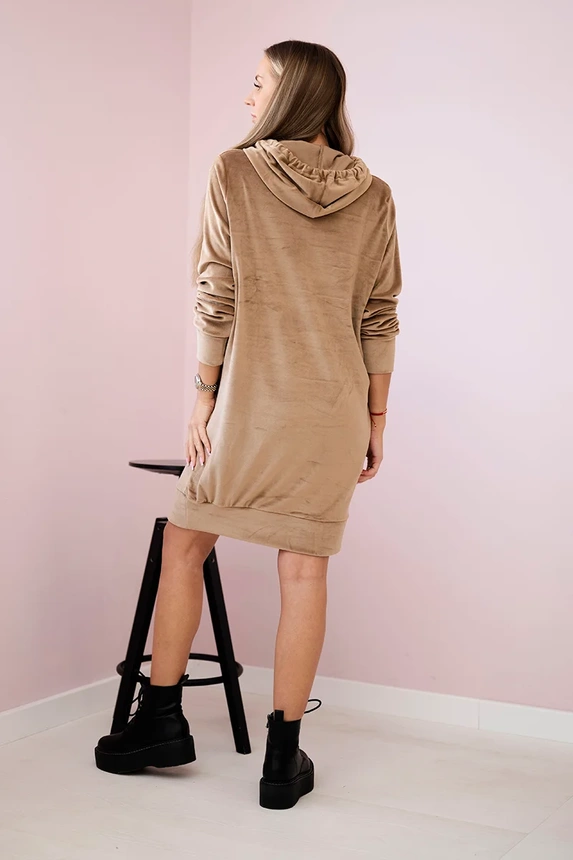 Velurové dlouhé dámské šaty / mikina s kapucí OVERSIZE 9366-3 hnědá - univerzální S/M/L