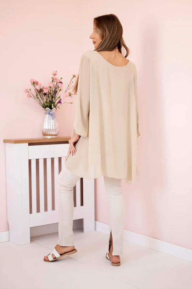 Dámská halenka dlouhá OVERSIZE 14521-6 béžová UNI L/XL/XXL + náhrdelník ZDARMA