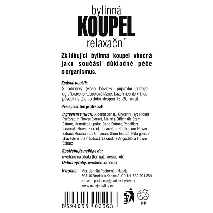 Relaxační bylinná koupel - přispívá na nervy a zklidnění 250 ml