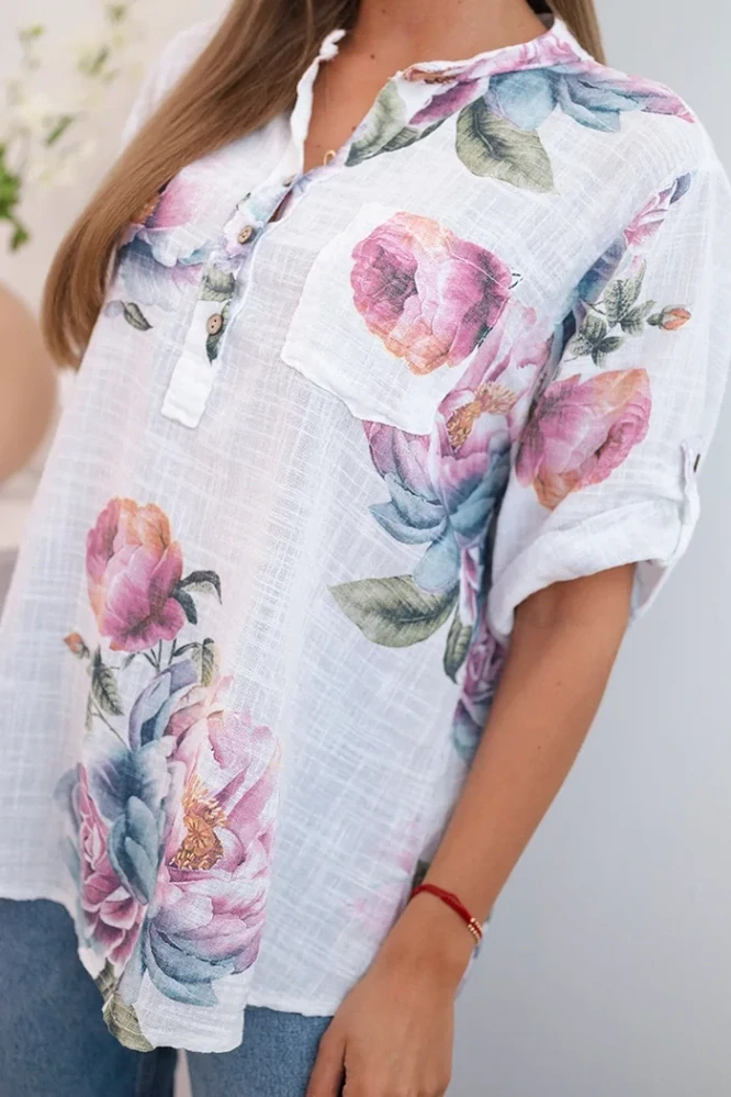 Dámská bavlněná halenka 12038-3 bílá s květy univerzální L / XL 