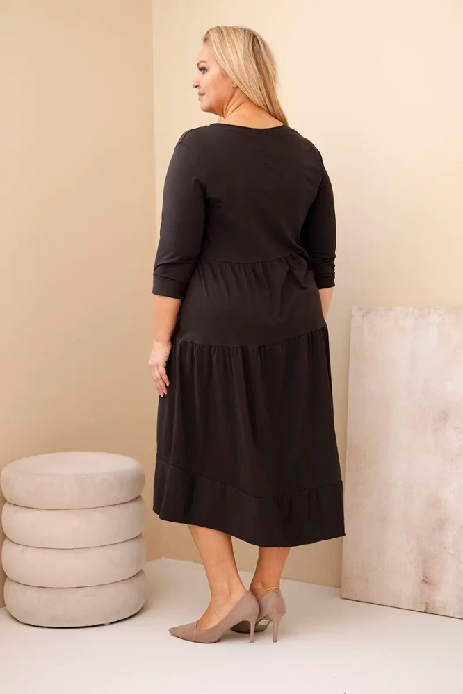 Dámské dlouhé MAXI šaty plus size s 3/4 rukávem a volánem ART22229-4 hnědá 2XL - 4XL