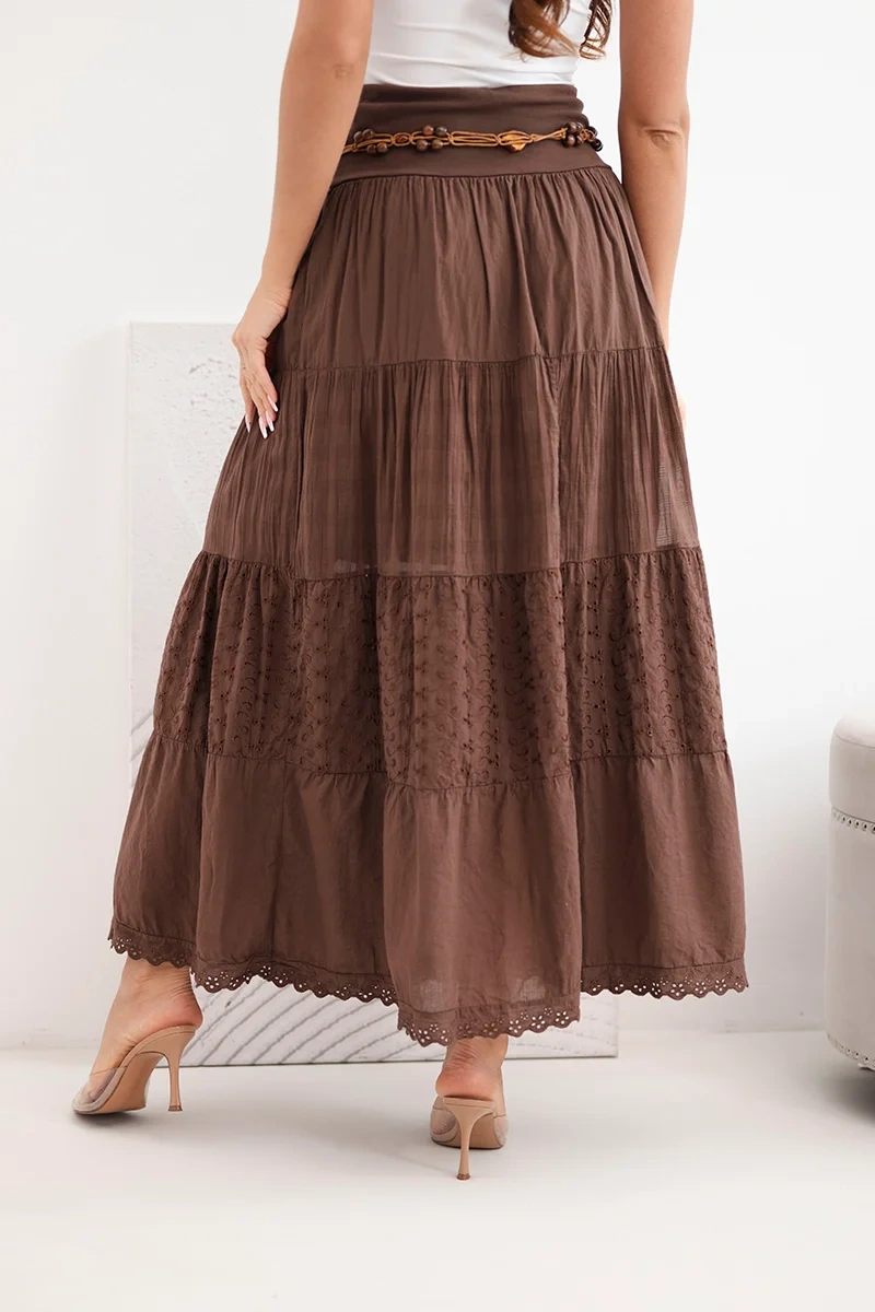 Dámská maxi bavlněná sukně s krajkovou výšivkou Madeira a pasem 3240-8 hnědá univerzální S/M/L