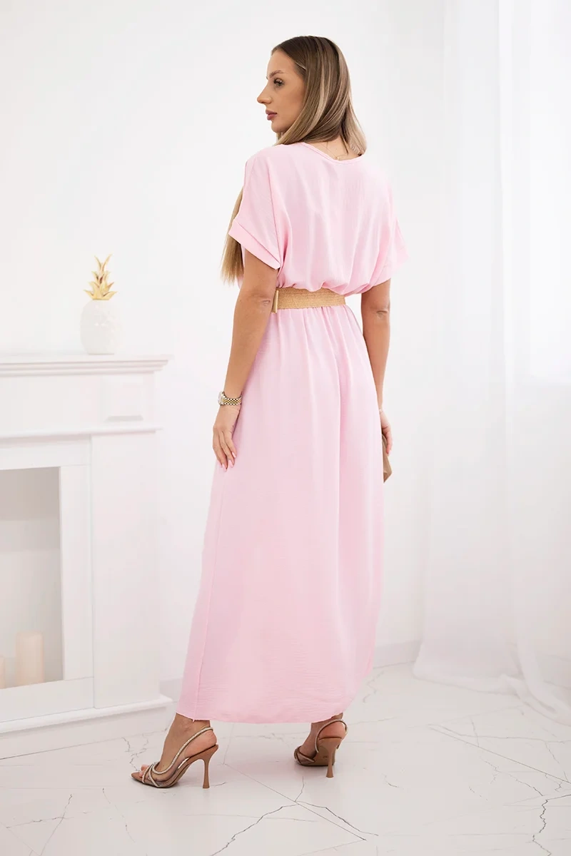 Dámské šaty dlouhé s ozdobným páskem zdarma 6012F-8 světle růžová - univerzální - S/M/L