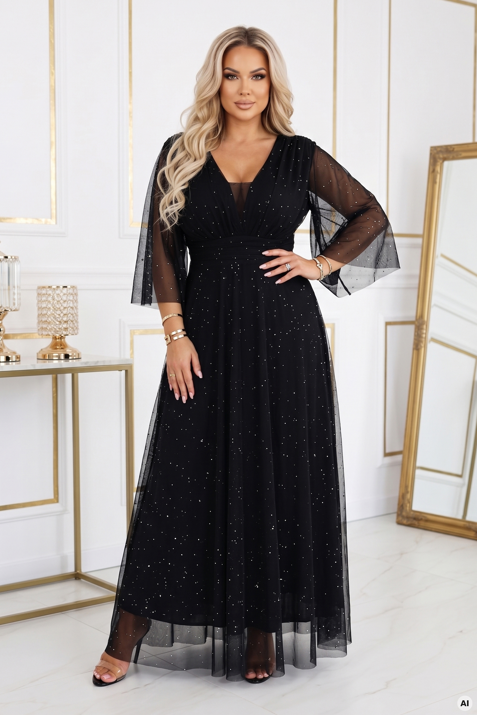 Numoco Basic 654-5 černé třpytivé maxi šaty Plus Size – UNI 40–48