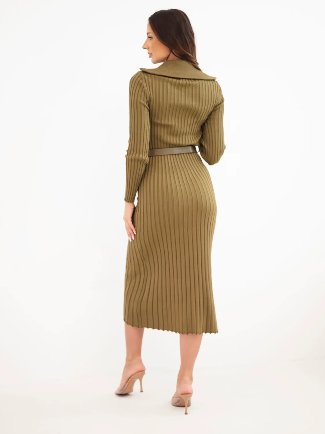 Dámské elegantní šaty pouzdrové se stojáčkem 4590-5 olivová univerzální S/M/L