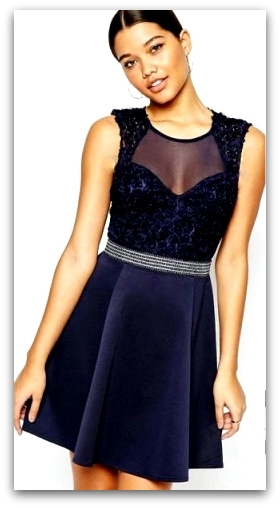 Luxusní společenské ŠATY MINI s krajkou 317459-3 NAVY modrá S/M