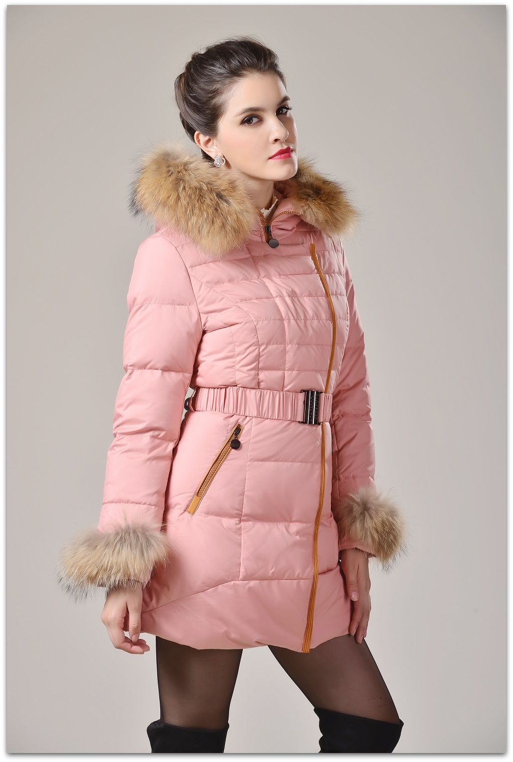 Luxusní péřový kabát bunda PARKA dlouhá s kapucí 33204-4 růžová M /38
