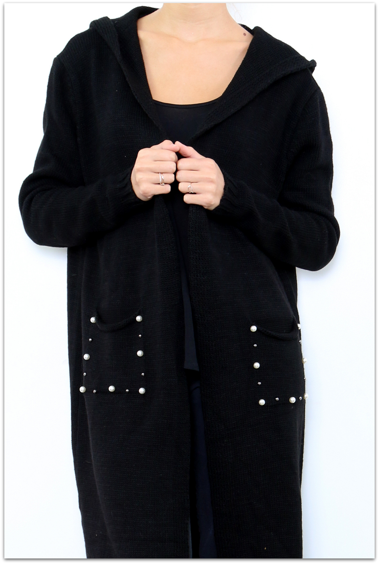 Dámský dlouhý SVETR / CARDIGAN s kapucí pletený 33006562-2 černá UNI - M/L/XL