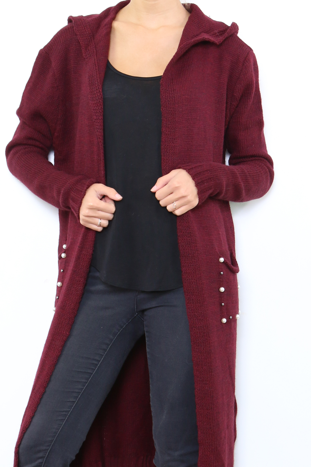 Dámský dlouhý SVETR / CARDIGAN s kapucí pletený 33006562-6 vínová UNI - M/L/XL