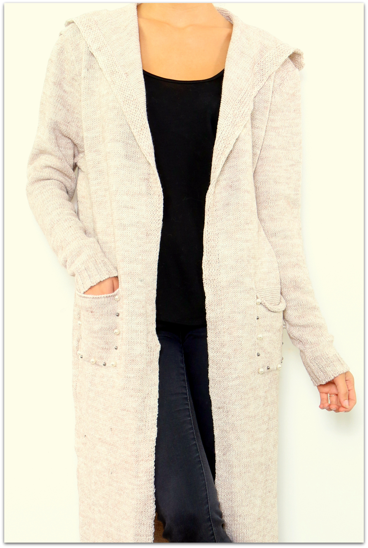 Dámský dlouhý SVETR / CARDIGAN s kapucí pletený 33006562-3 béžová UNI - M/L/XL