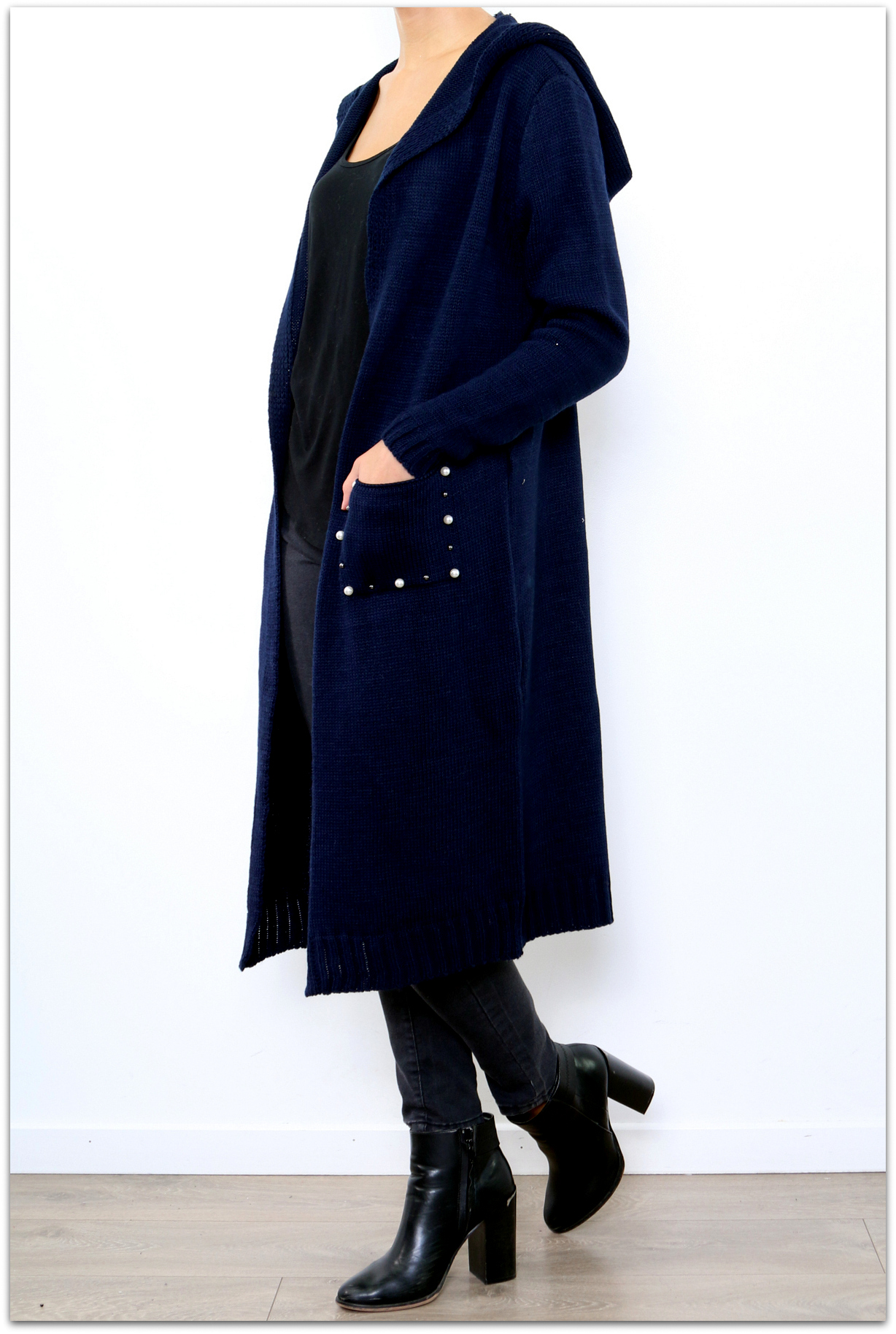 Dámský dlouhý SVETR / CARDIGAN s kapucí pletený 33006562-4 modrá UNI - M/L/XL