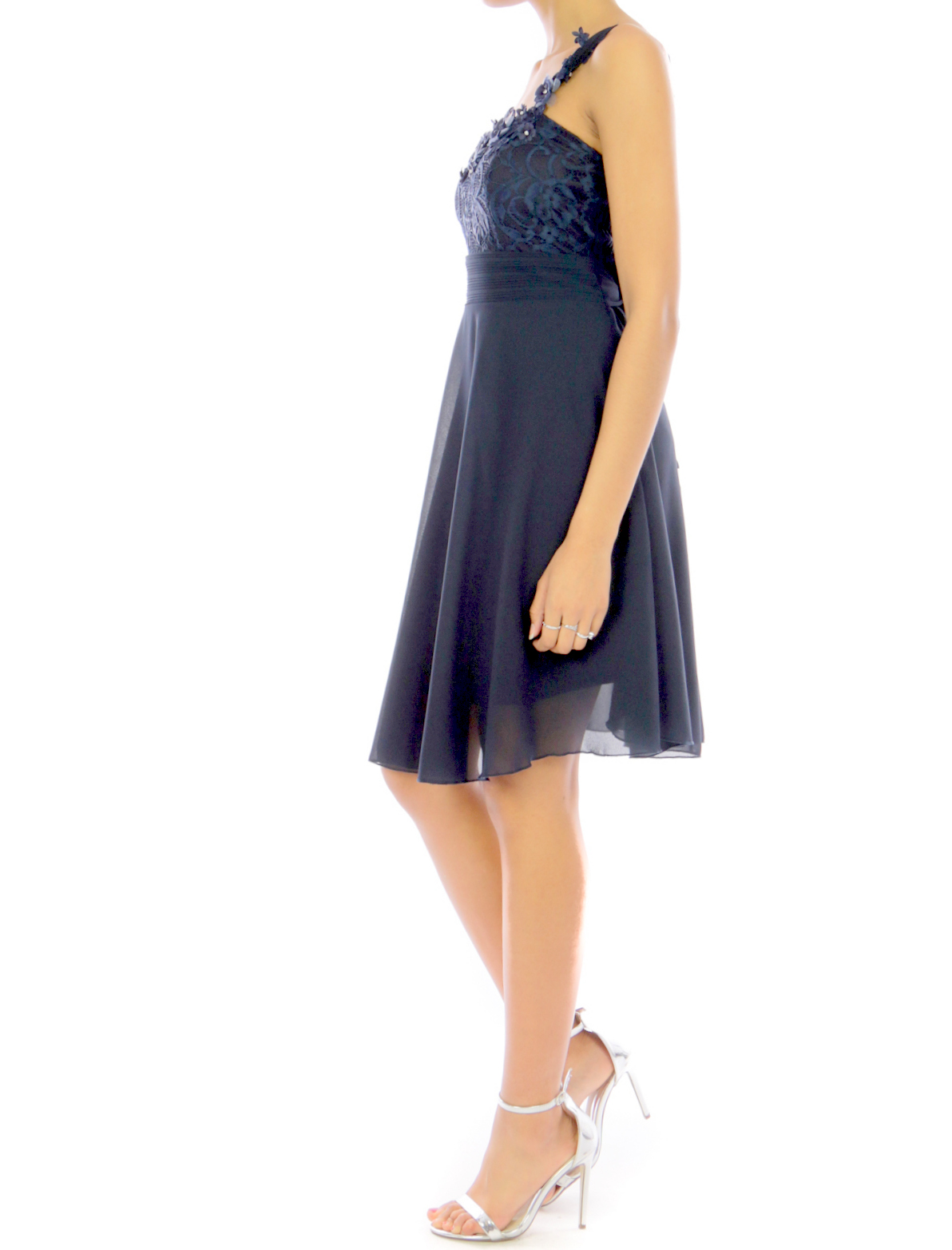 Společenské ŠATY MINI s krajkou na ramínka 330877-7 modrá S/M