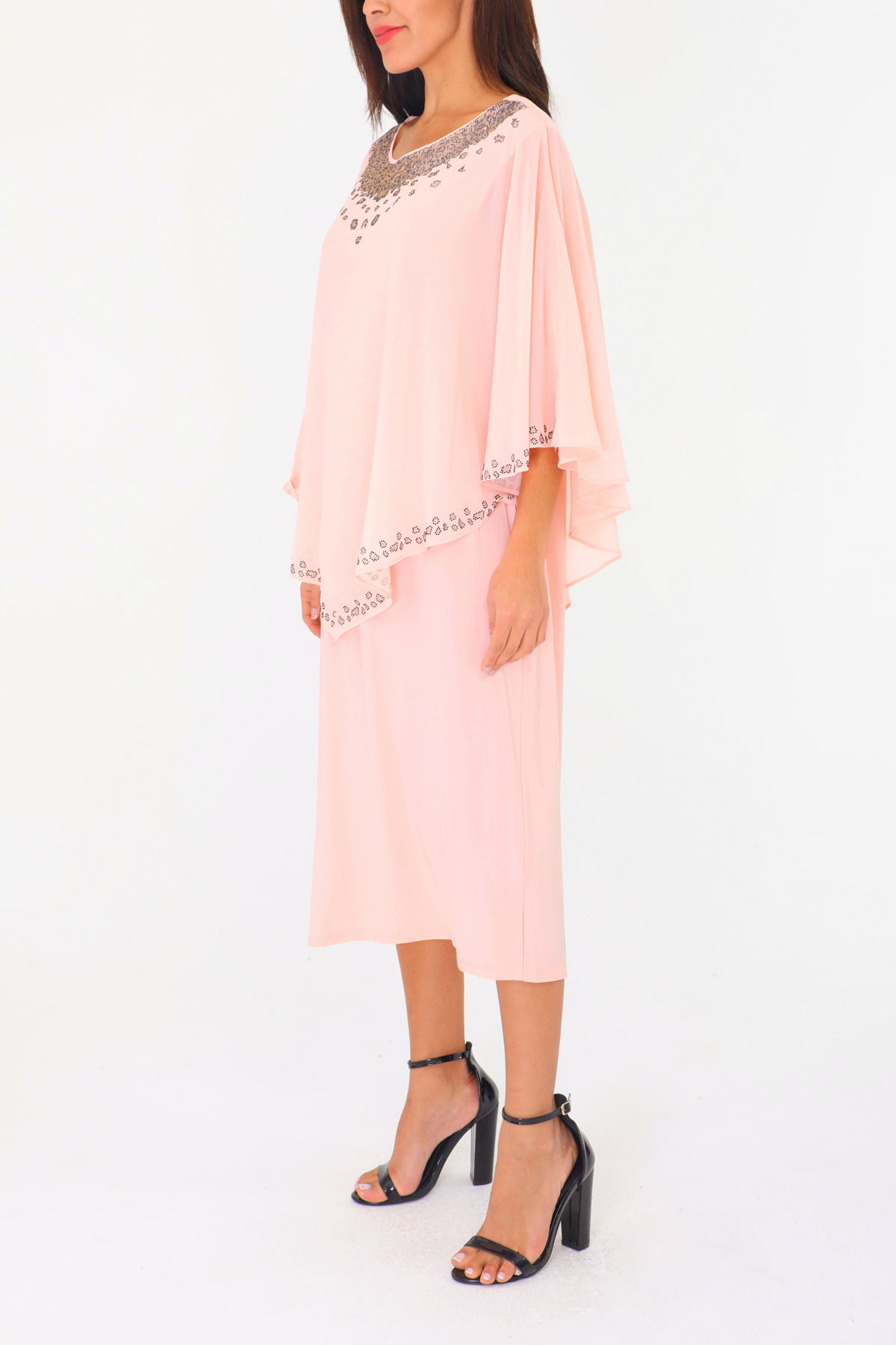 Společenské ŠATY MIDI s kamínky 331055-5 růžová XXL/XXXL