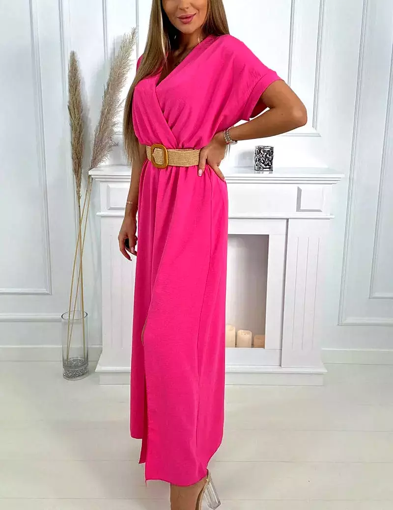 Dámské šaty dlouhé s ozdobným páskem zdarma 6012F-1 růžová - univerzální - S/M/L