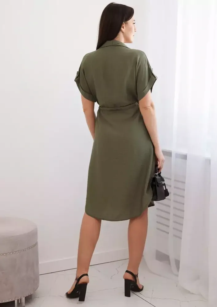 Dámské propínací ŠATY košilové se stažením v pase 6466-5 khaki - univerzální - S/M/L