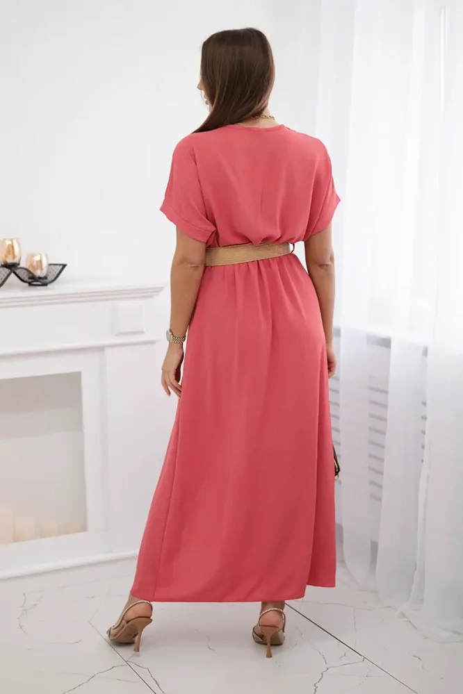 Dámské šaty dlouhé s ozdobným páskem zdarma 6012F-5 korálová - univerzální - S/M/L