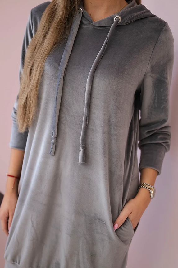 Velurové dlouhé dámské šaty / mikina s kapucí OVERSIZE 9366-7 šedá - univerzální S/M/L