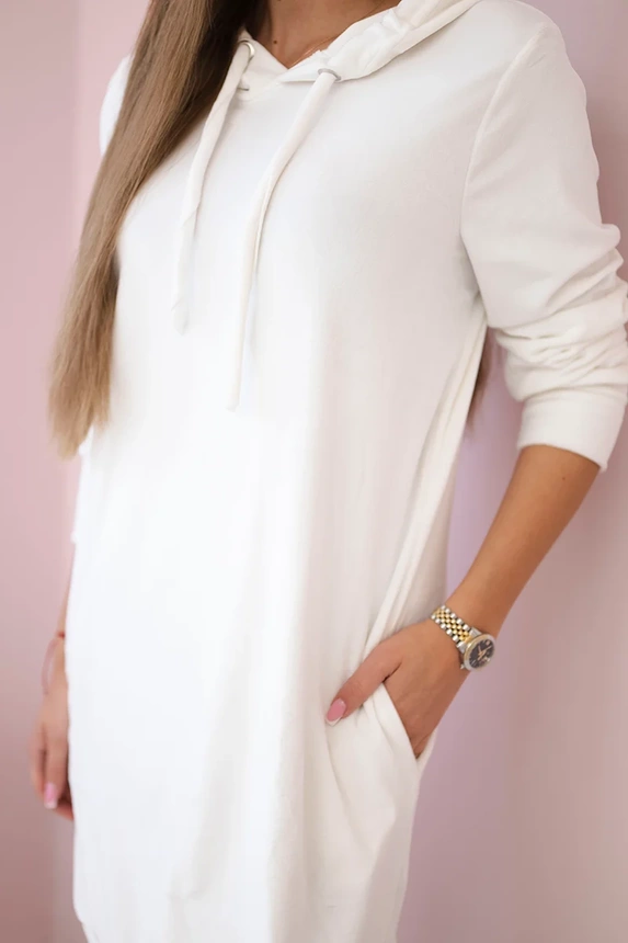 Velurové dlouhé dámské šaty / mikina s kapucí OVERSIZE 9366-9 smetanová - univerzální S/M/L