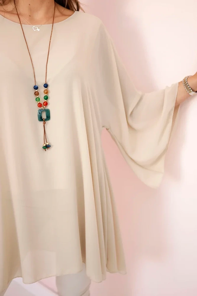 Dámská halenka dlouhá OVERSIZE 14521-6 béžová UNI L/XL/XXL + náhrdelník ZDARMA