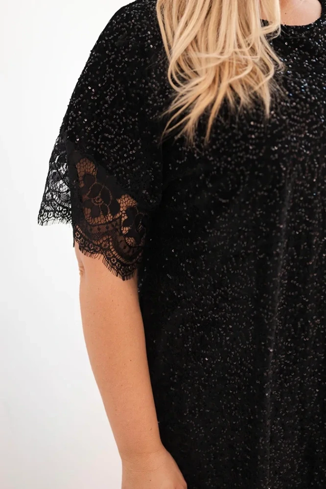 Společenské šaty pro plnoštíhlé s krajkou a flitry 24799-2 černá XL/XXL/XXXL