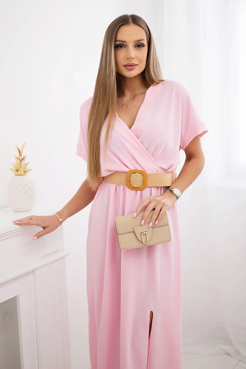 Dámské šaty dlouhé s ozdobným páskem zdarma 6012F-8 světle růžová - univerzální - S/M/L